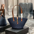 Saint Laurent 685618 YSL Panier Medium Bag In Raffia Navy Blue - Default Title - View 1