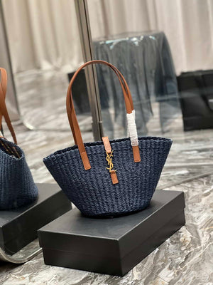 Saint Laurent 685618 YSL Panier Medium Bag In Raffia Navy Blue - Default Title - View 2