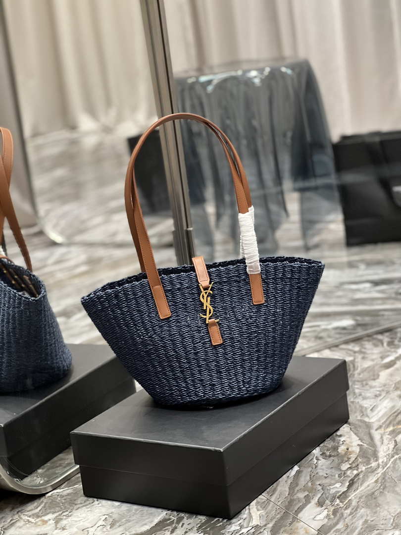Saint Laurent 685618 YSL Panier Medium Bag In Raffia Navy Blue - Default Title - View 2
