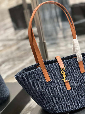 Saint Laurent 685618 YSL Panier Medium Bag In Raffia Navy Blue - Default Title - View 3
