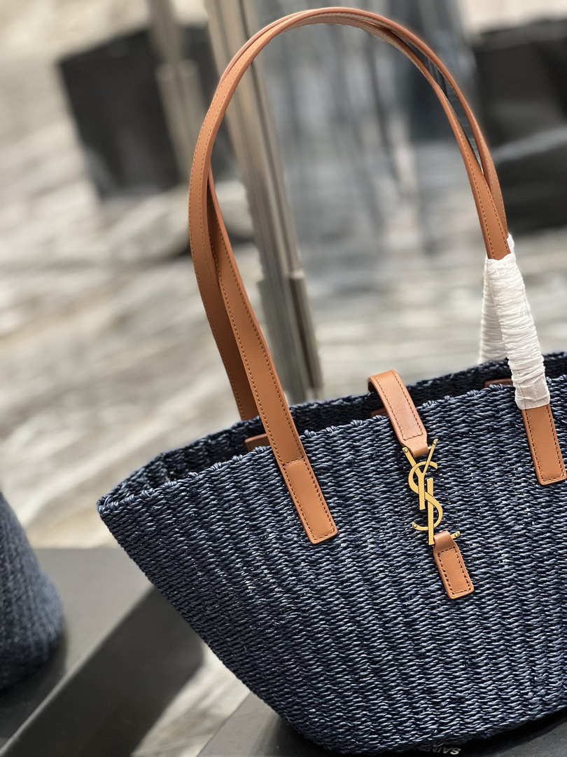Saint Laurent 685618 YSL Panier Medium Bag In Raffia Navy Blue - Default Title - View 3