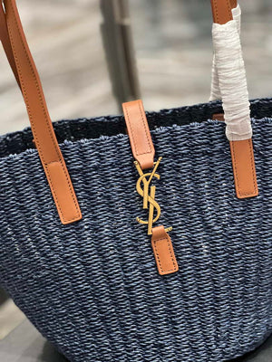 Saint Laurent 685618 YSL Panier Medium Bag In Raffia Navy Blue - Default Title - View 4