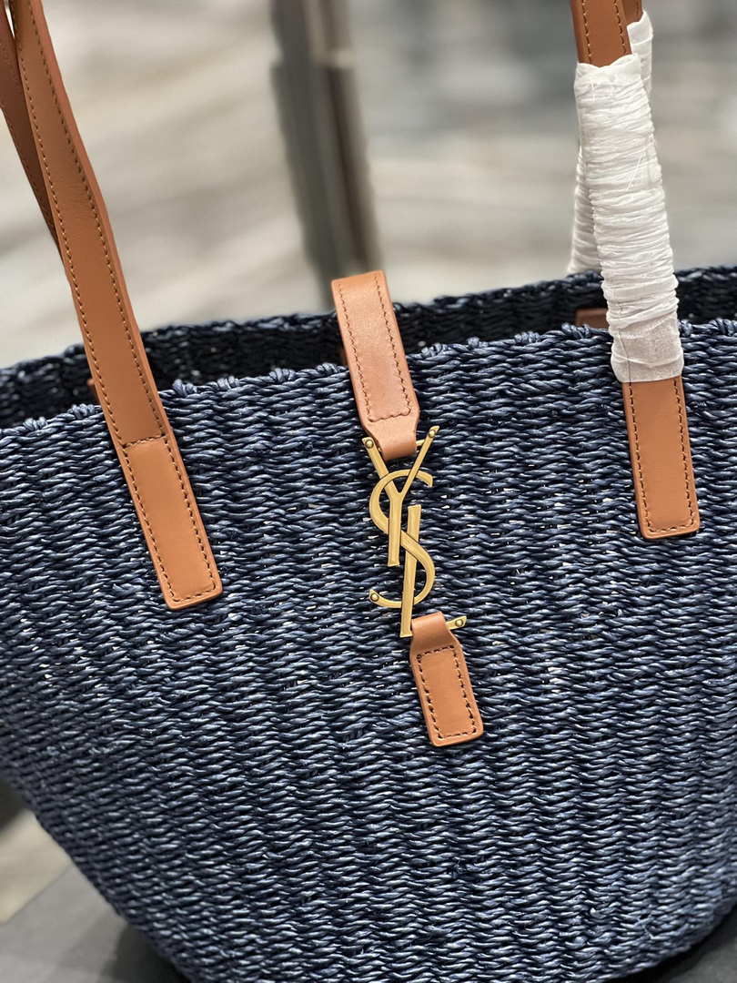 Saint Laurent 685618 YSL Panier Medium Bag In Raffia Navy Blue - Default Title - View 4