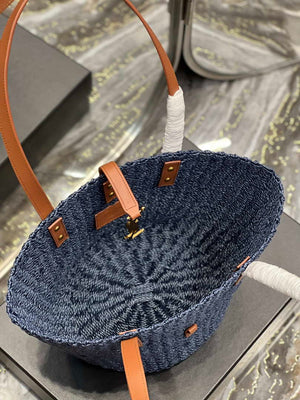 Saint Laurent 685618 YSL Panier Medium Bag In Raffia Navy Blue - Default Title - View 6