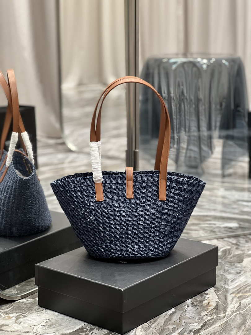 Saint Laurent 685618 YSL Panier Medium Bag In Raffia Navy Blue