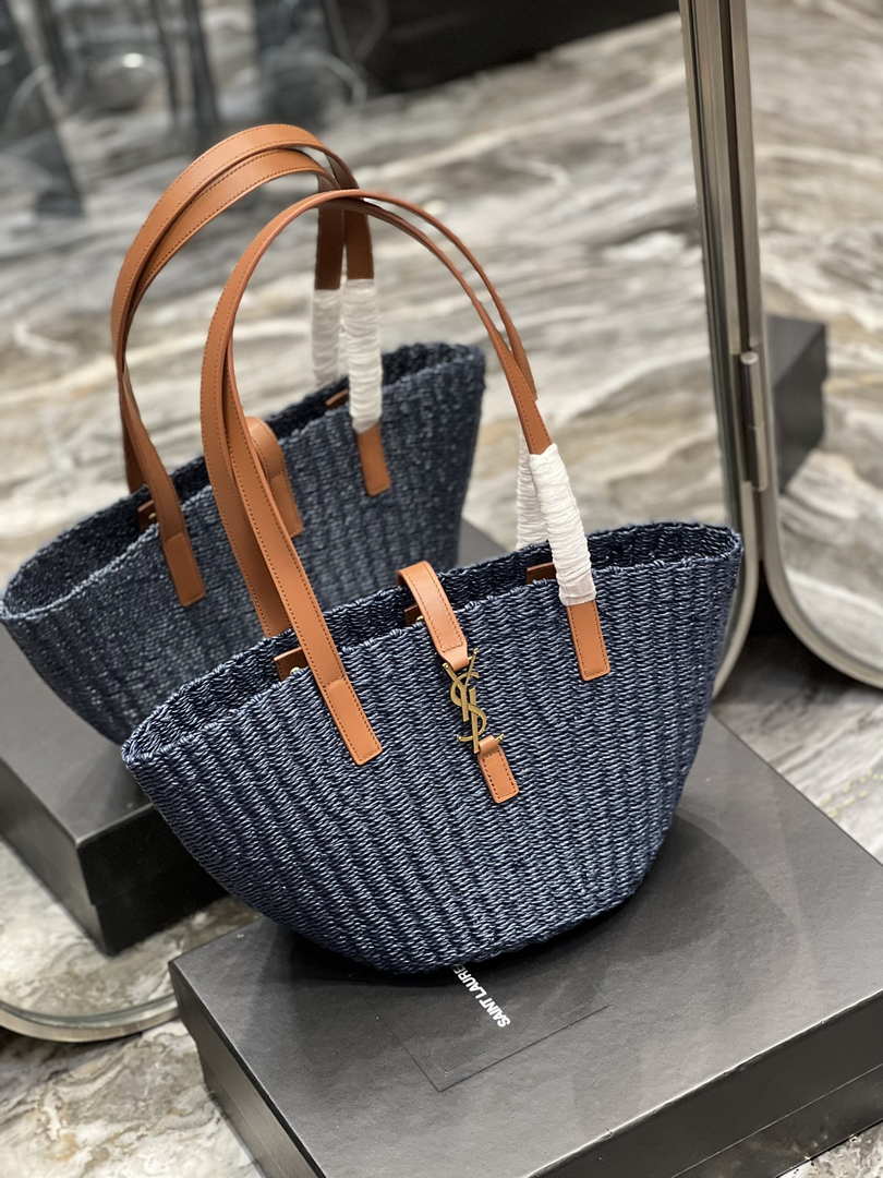 Saint Laurent 685618 YSL Panier Medium Bag In Raffia Navy Blue