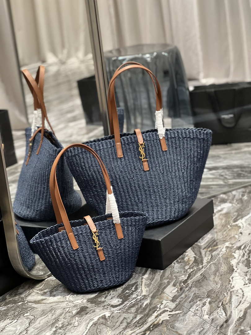 Saint Laurent 685618 YSL Panier Medium Bag In Raffia Navy Blue - Default Title - View 10