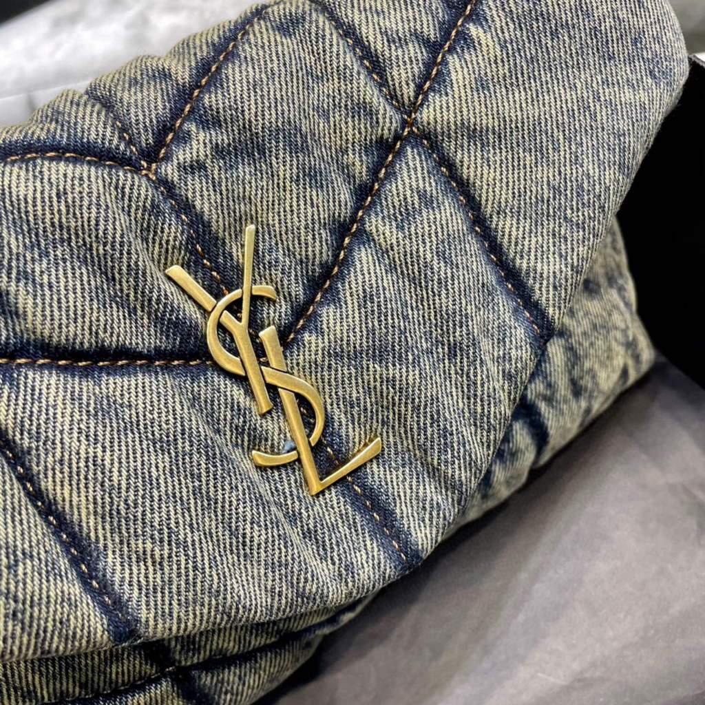 Saint Laurent Lou lou Puffer Mini Shoulder Bag YSL 620333 Blue with Belt Tan