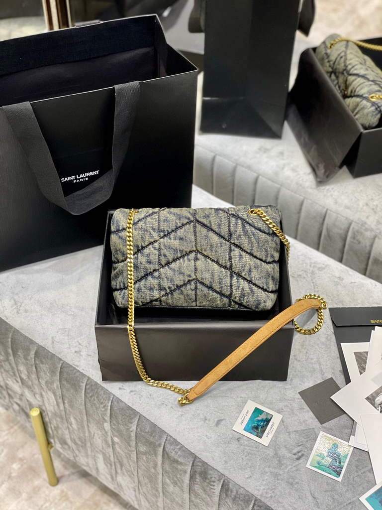 Saint Laurent Lou lou Puffer Mini Shoulder Bag YSL 620333 Blue with Belt Tan