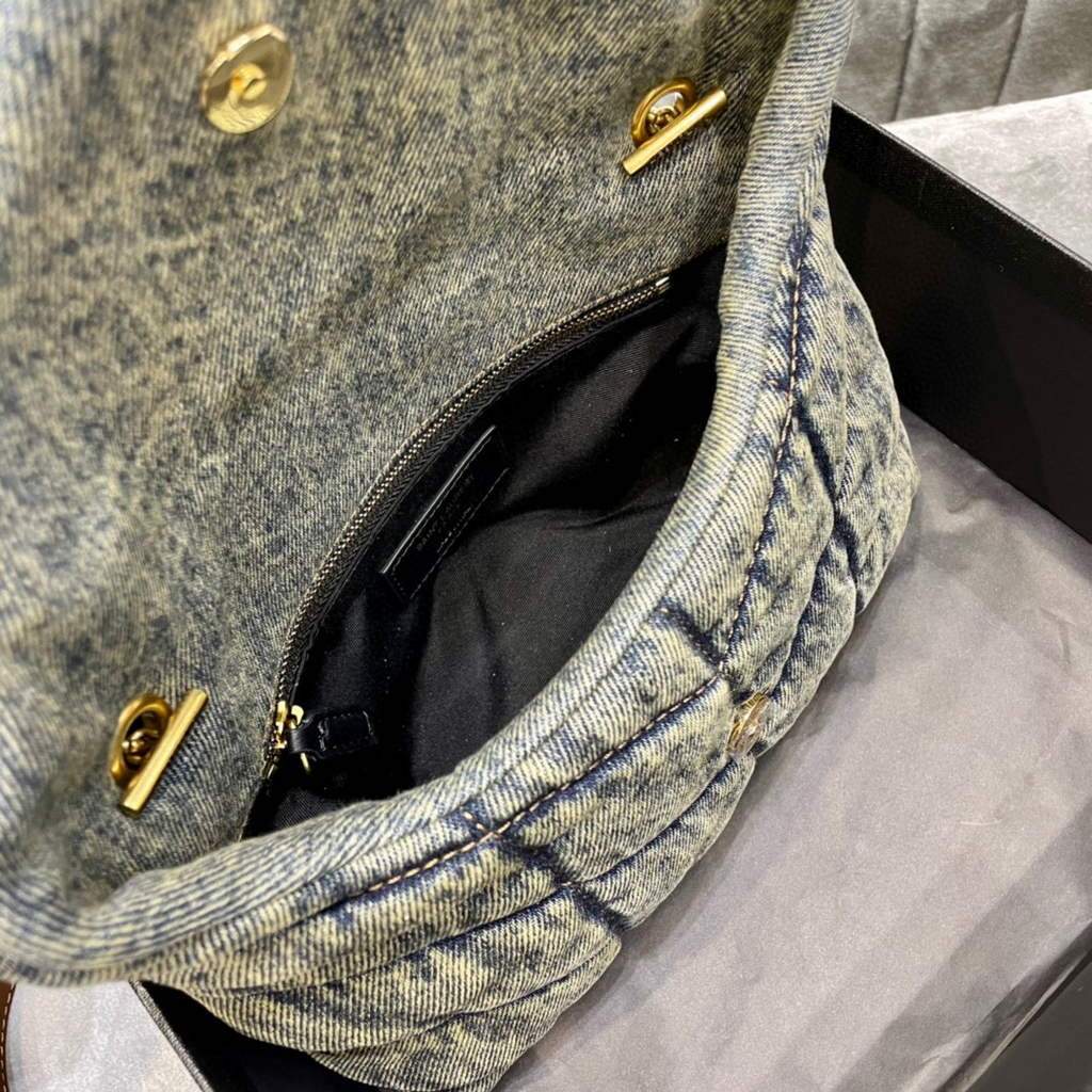 Saint Laurent Lou lou Puffer Mini Shoulder Bag YSL 620333 Blue with Belt Tan