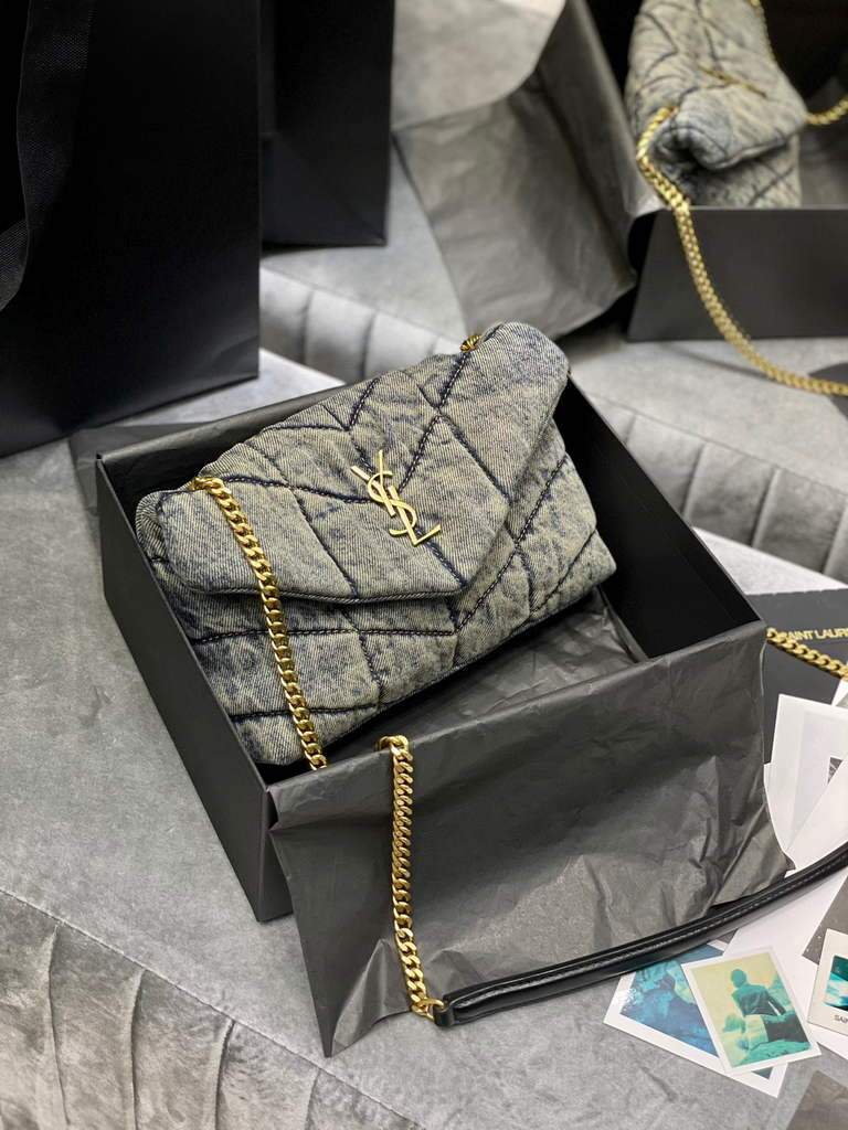 Saint Laurent Lou lou Puffer Mini Shoulder Bag YSL 620333 Blue with Belt Black