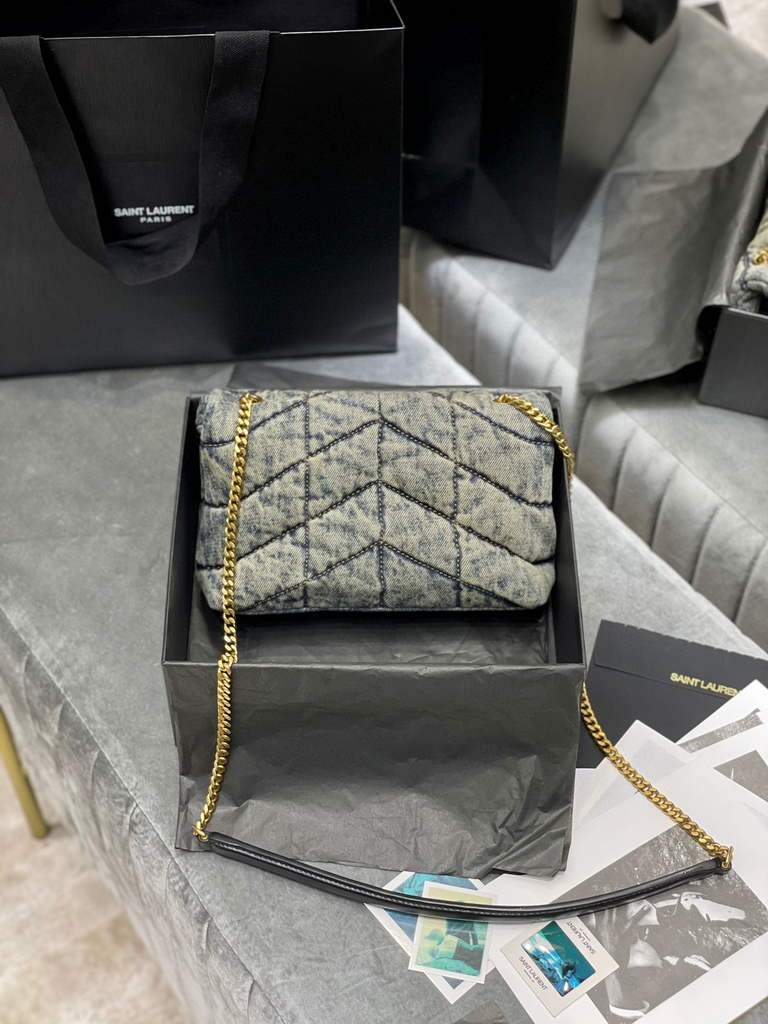 Saint Laurent Lou lou Puffer Mini Shoulder Bag YSL 620333 Blue with Belt Black