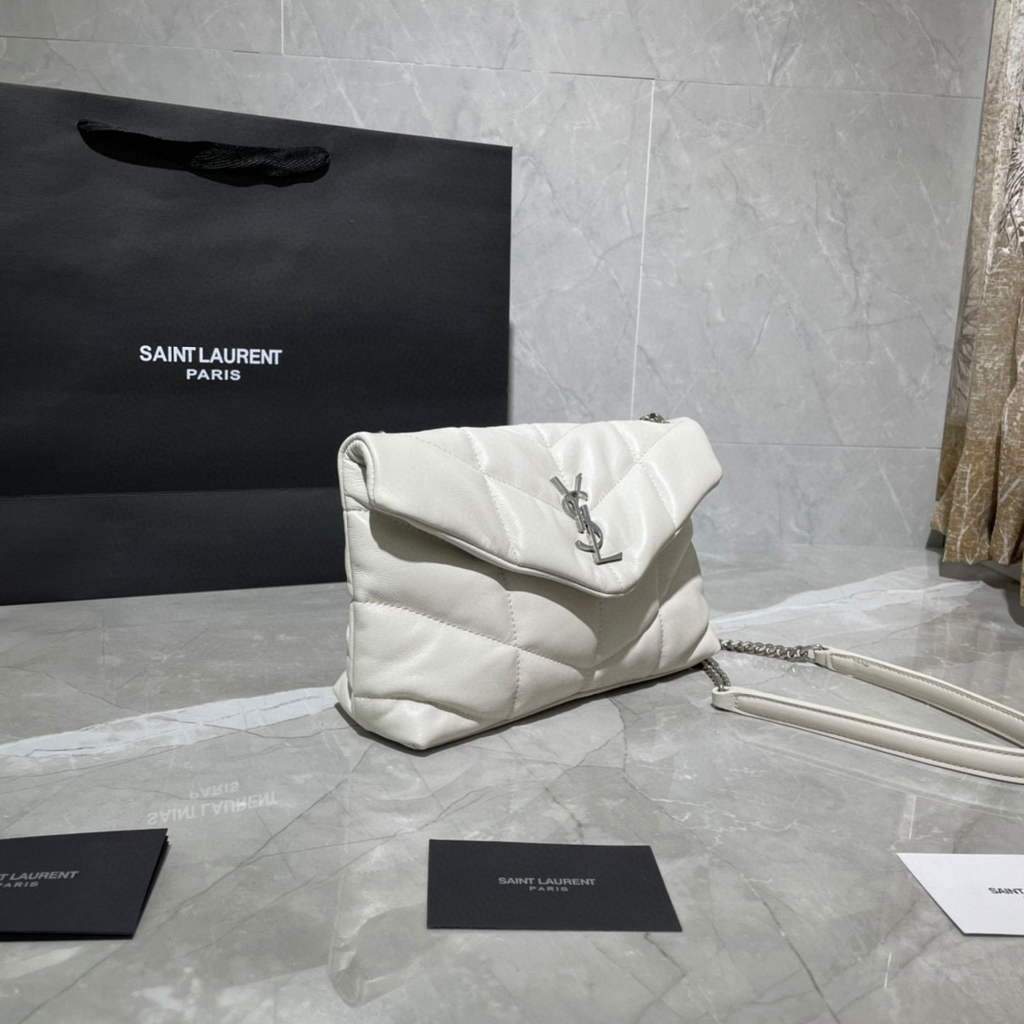 Saint Laurent Lou lou Puffer Mini Shoulder Bag YSL 620333 White Sliver