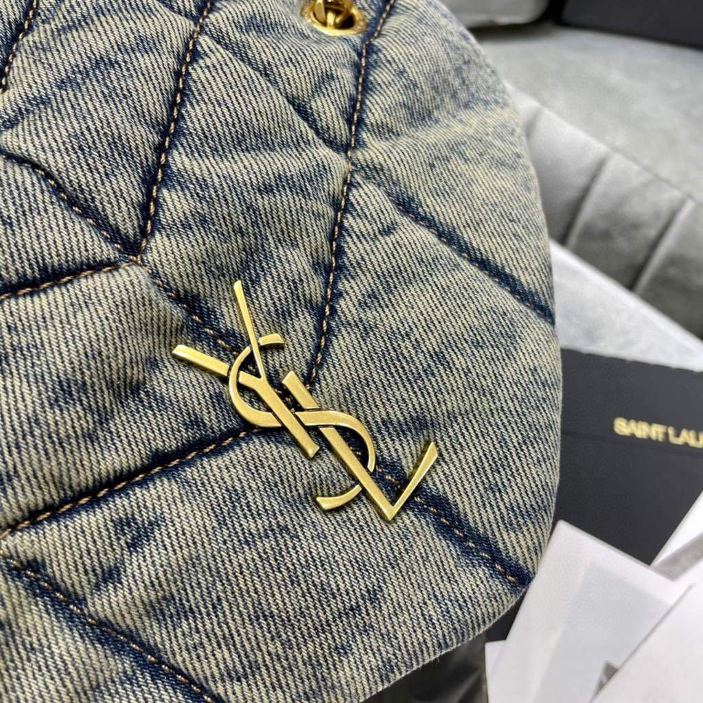 Saint Laurent Lou lou Puffer Mini Shoulder Bag YSL 620333 Blue with Belt Black