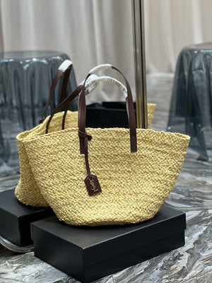 Saint Laurent YSL 693242 Tote Panier Maxi Bag In Raffia Apricot - Default Title - View 1