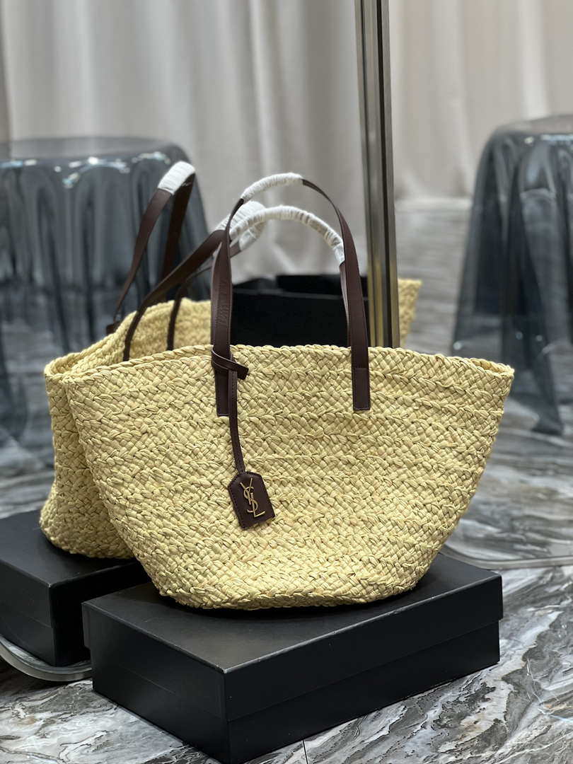 Saint Laurent YSL 693242 Tote Panier Maxi Bag In Raffia Apricot - Default Title - View 1