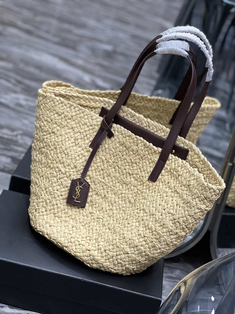 Saint Laurent YSL 693242 Tote Panier Maxi Bag In Raffia Apricot