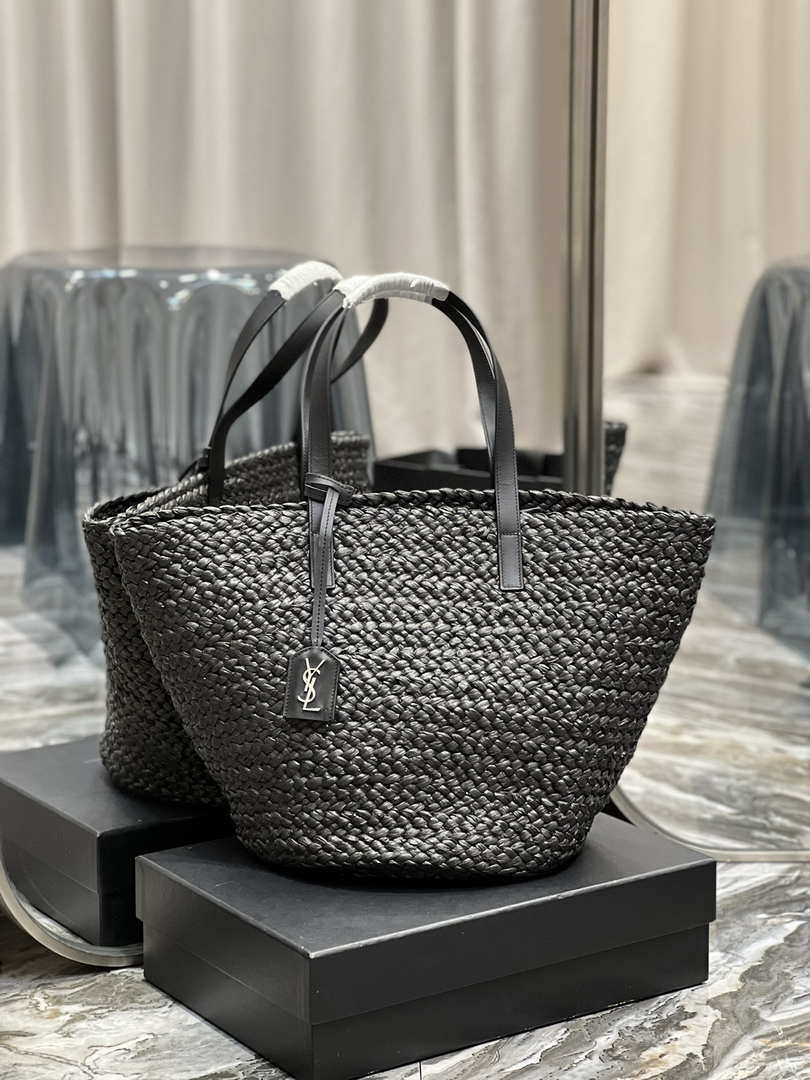 Saint Laurent YSL 693242 Tote Panier Maxi Bag In Raffia Black - Default Title - View 1