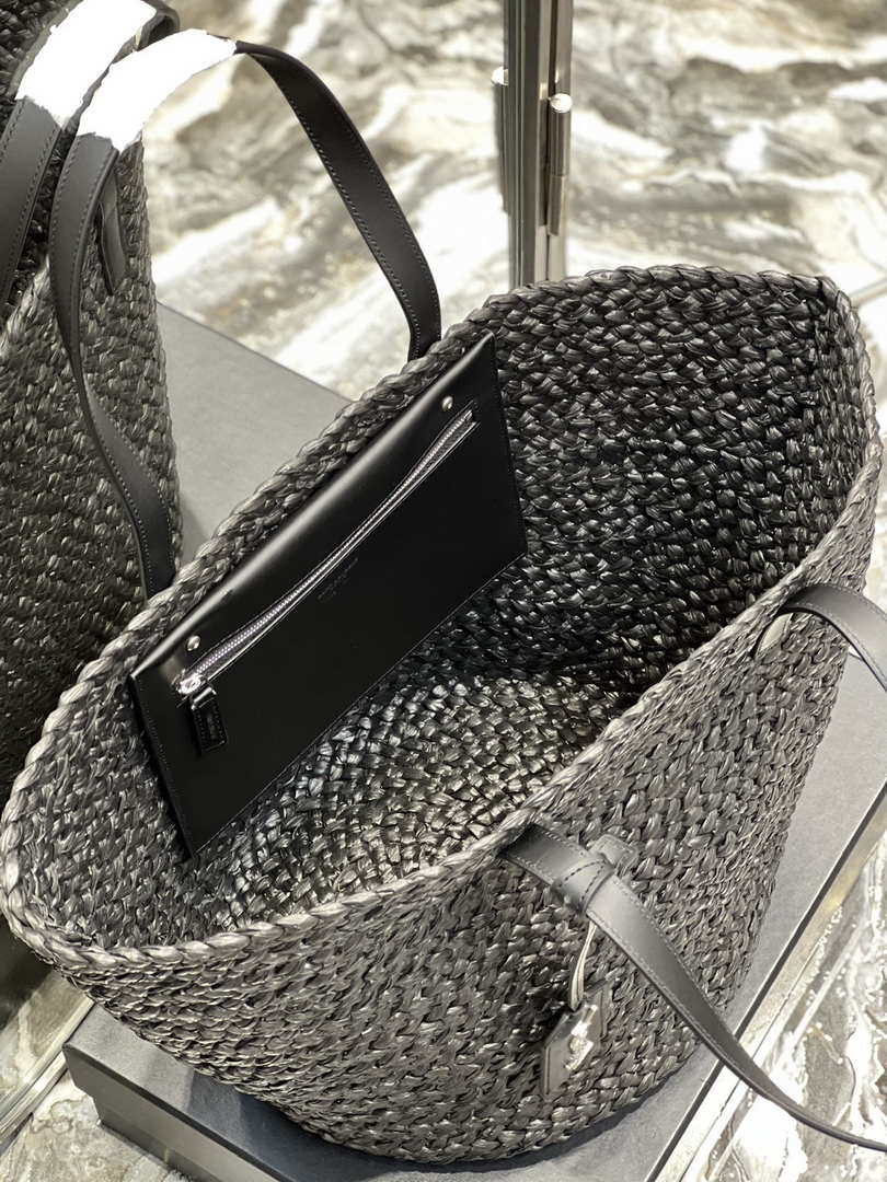 Saint Laurent YSL 693242 Tote Panier Maxi Bag In Raffia Black