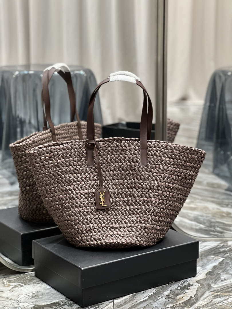 Saint Laurent YSL 693242 Tote Panier Maxi Bag In Raffia Dark Brown - Default Title - View 1