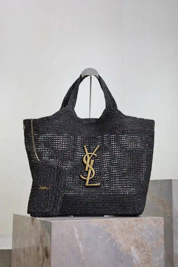 Saint Laurent YSL 698651 Icare In Raffia Maxi Shopping Bag Black