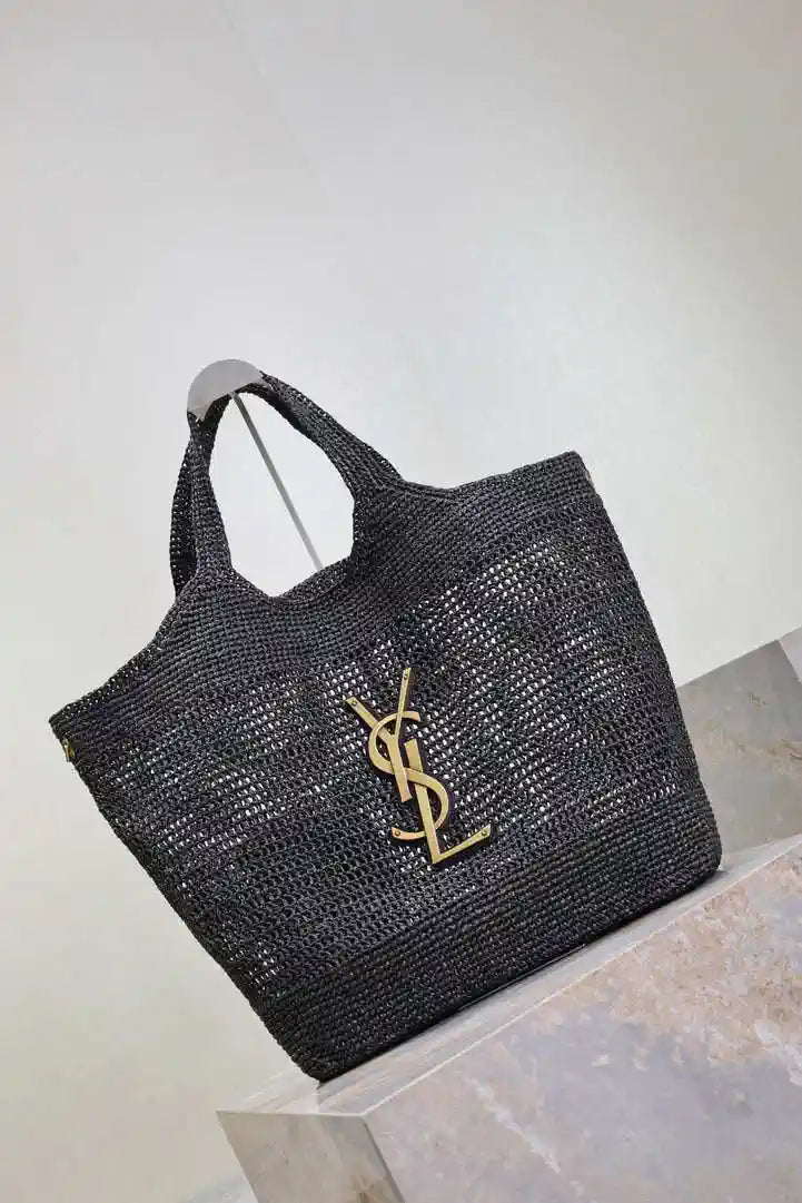 Saint Laurent YSL 698651 Icare In Raffia Maxi Shopping Bag Black