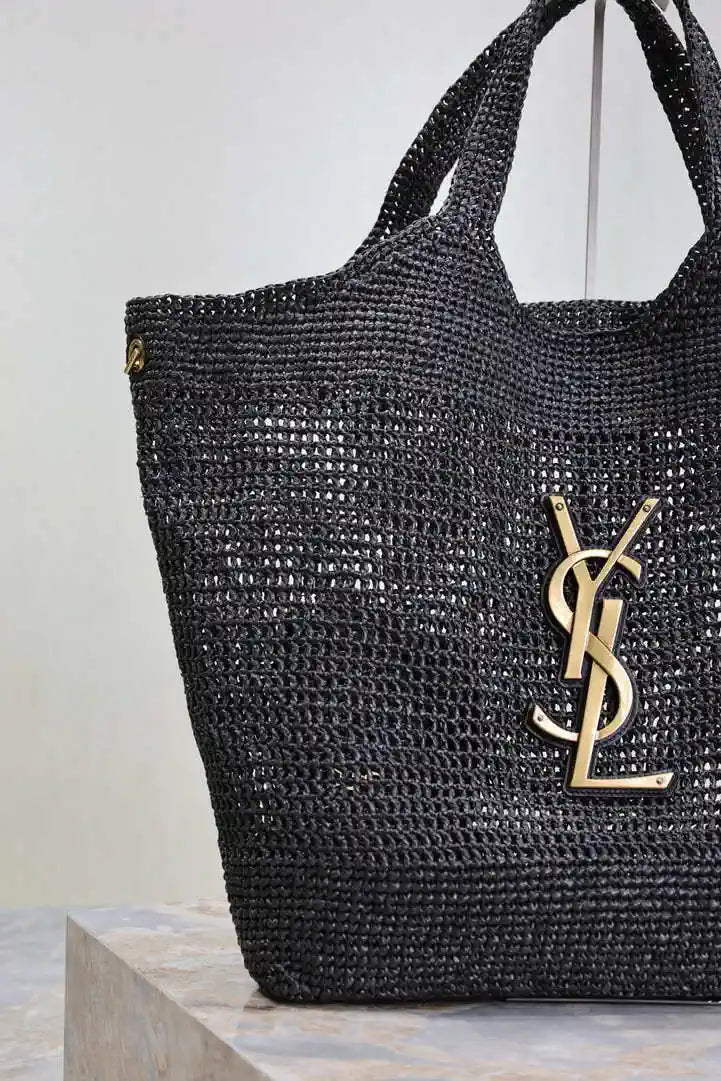 Saint Laurent YSL 698651 Icare In Raffia Maxi Shopping Bag Black