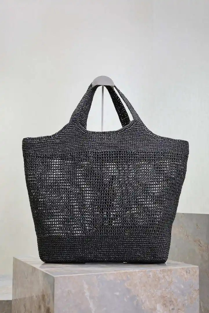Saint Laurent YSL 698651 Icare In Raffia Maxi Shopping Bag Black