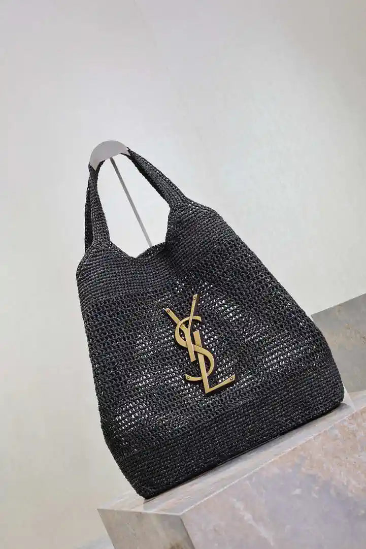 Saint Laurent YSL 698651 Icare In Raffia Maxi Shopping Bag Black