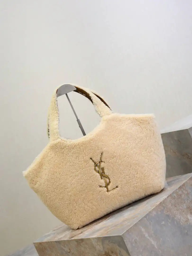 Saint Laurent YSL 858191 ICARE in shearling Medium Shopping Bag NATURALE