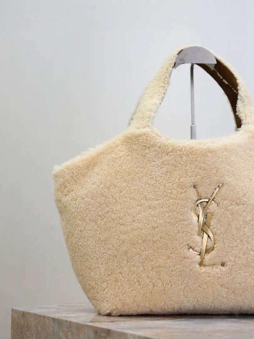 Saint Laurent YSL 858191 ICARE in shearling Medium Shopping Bag NATURALE