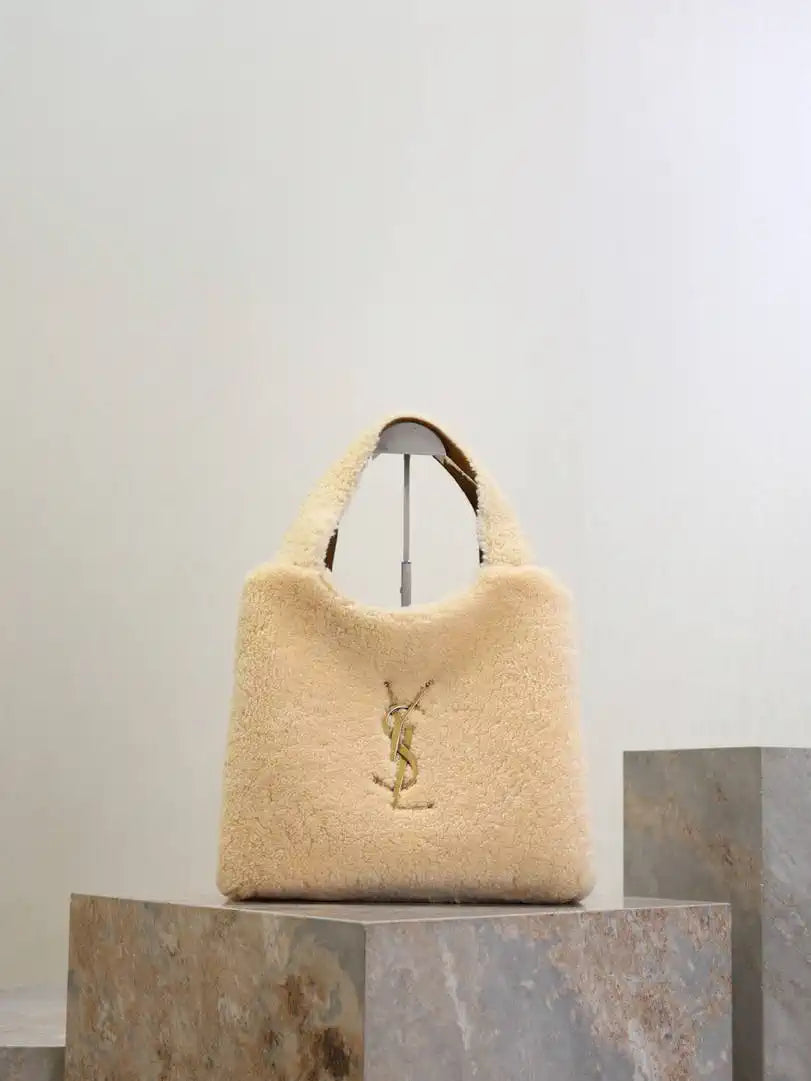 Saint Laurent YSL 858191 ICARE in shearling Medium Shopping Bag NATURALE