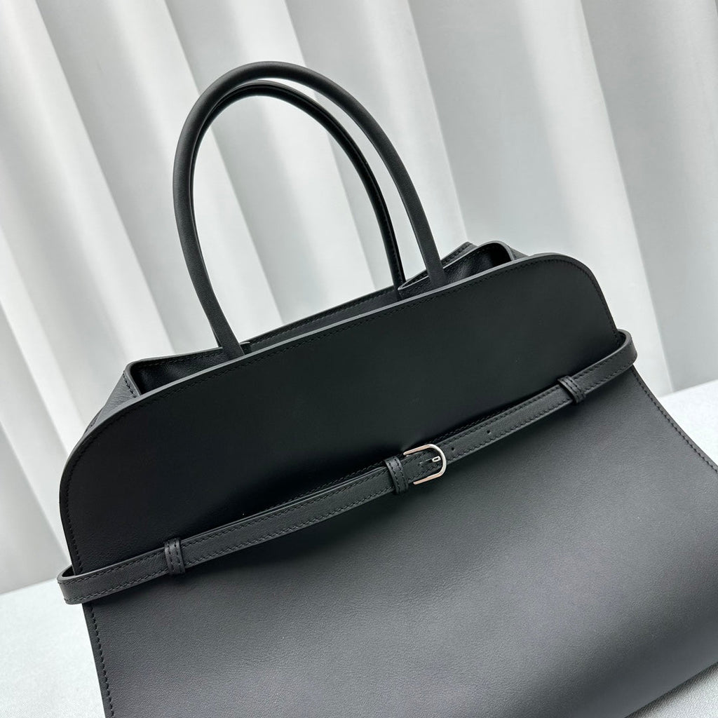 The Row W1255L72 Calfskin Margaux 15 Air buckled textured-leather tote T10993 Silver