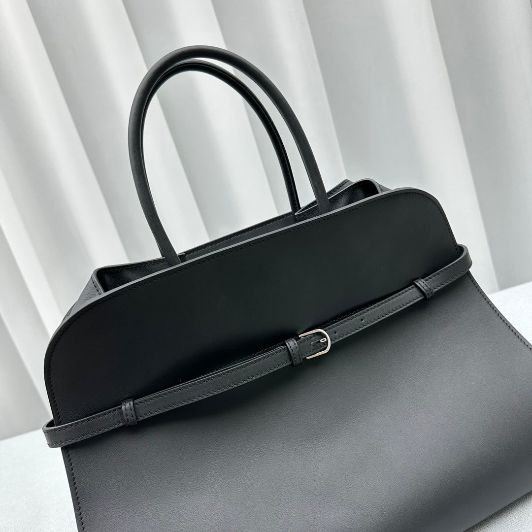 The Row W1255L72 Calfskin Margaux 15 Air buckled textured-leather tote T10993 Silver