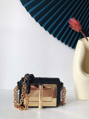 Tom Ford 25116800041 Metallic Black Python Natalia Chain Shoulder Bag - Default Title - View 1