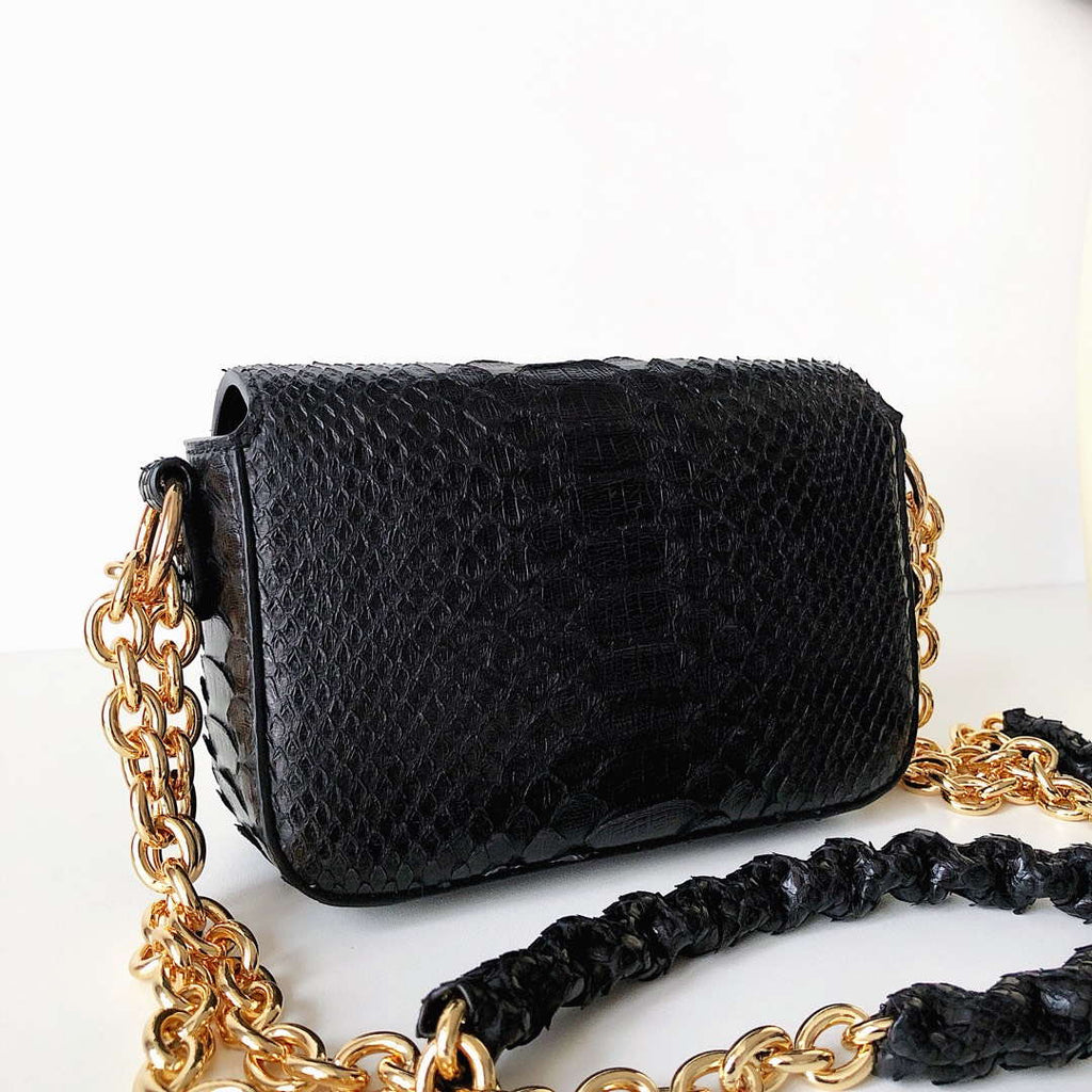 Tom Ford 25116800041 Metallic Black Python Natalia Chain Shoulder Bag
