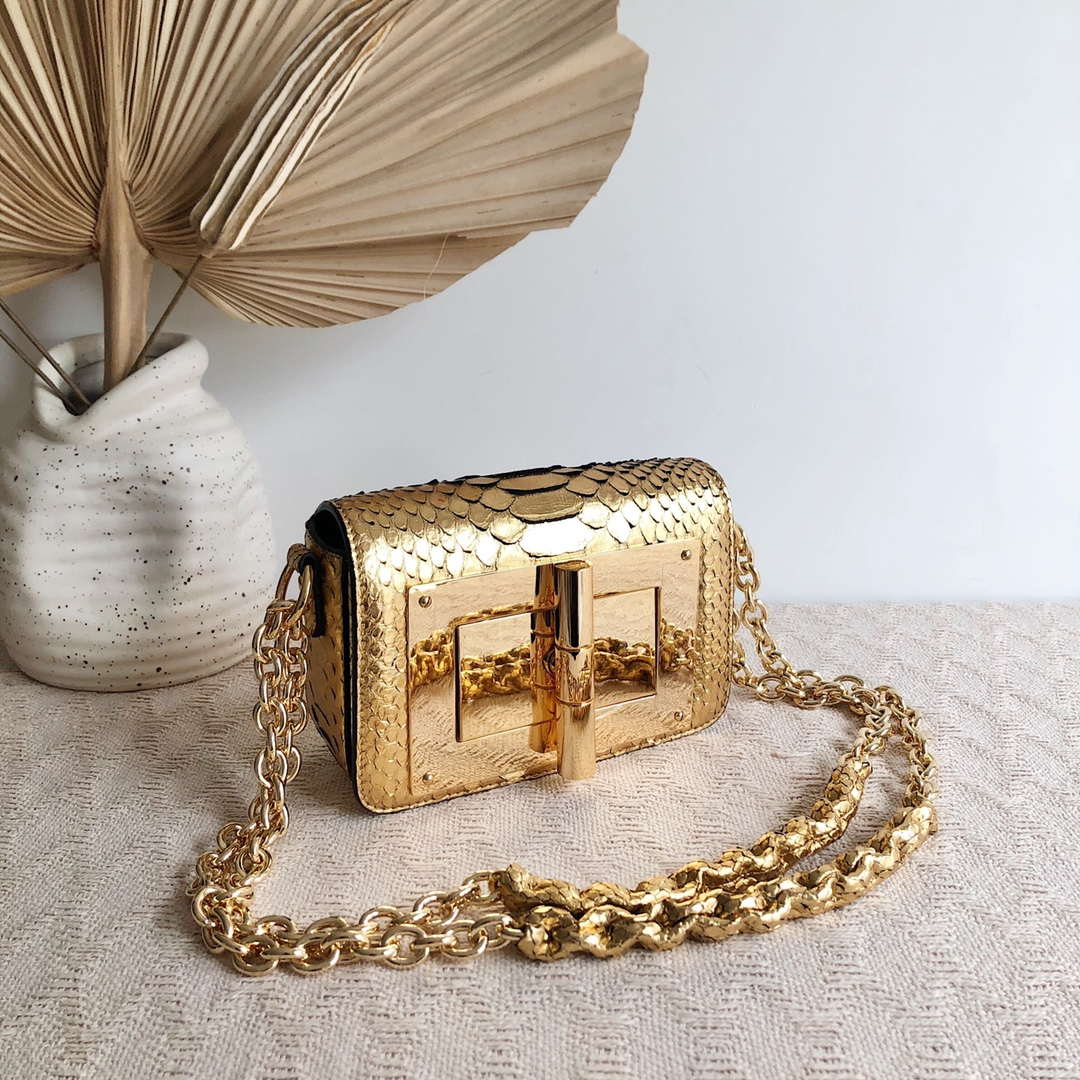 Tom Ford 25116800041 Metallic Gold Python Natalia Chain Shoulder Bag