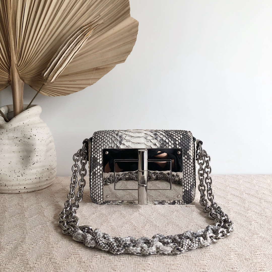 Tom Ford 25116800041 Metallic Silver Python Natalia Chain Shoulder Bag