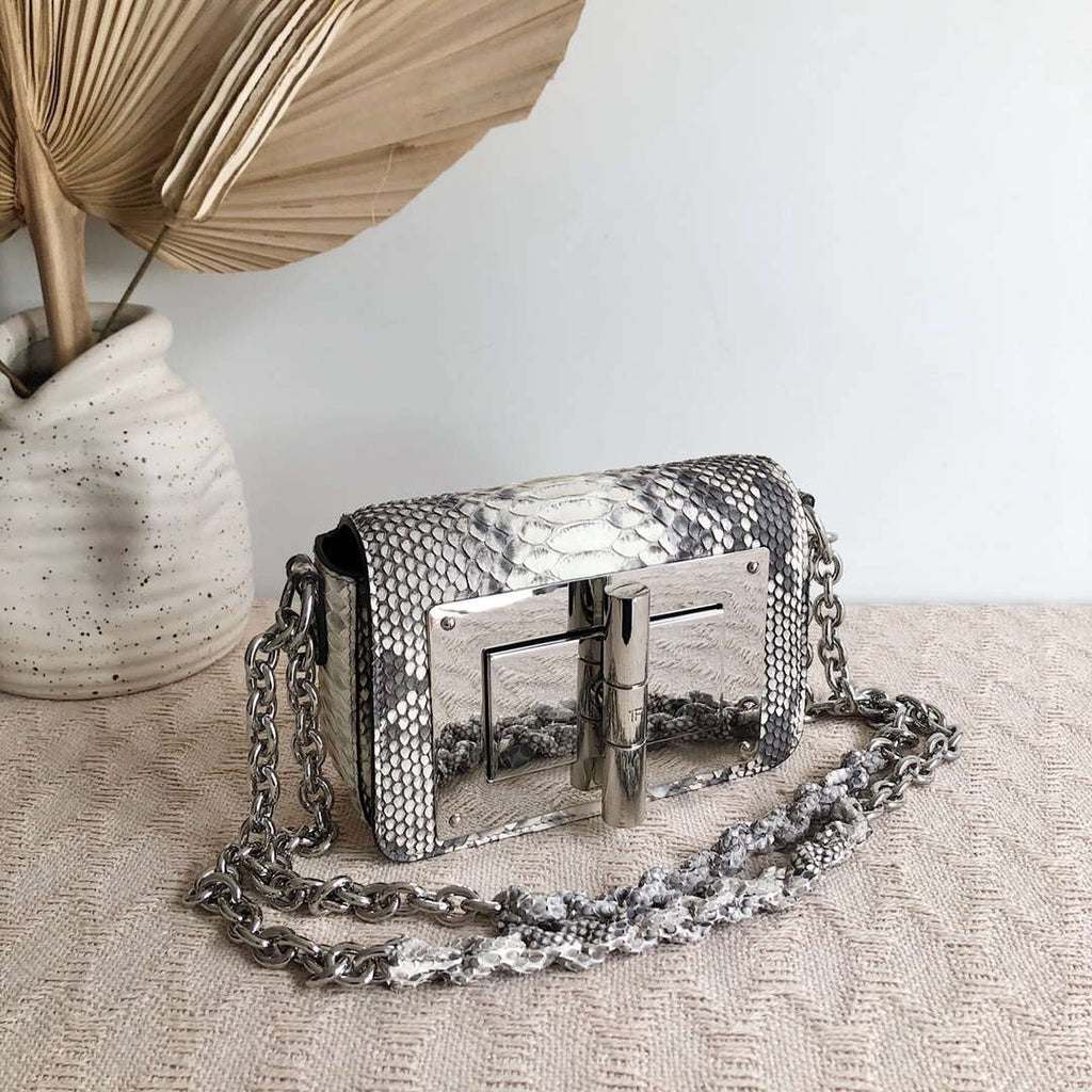 Tom Ford 25116800041 Metallic Silver Python Natalia Chain Shoulder Bag