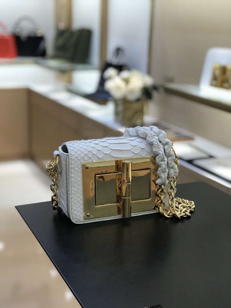 Tom Ford 25116800041 Metallic White Python Natalia Chain Shoulder Bag