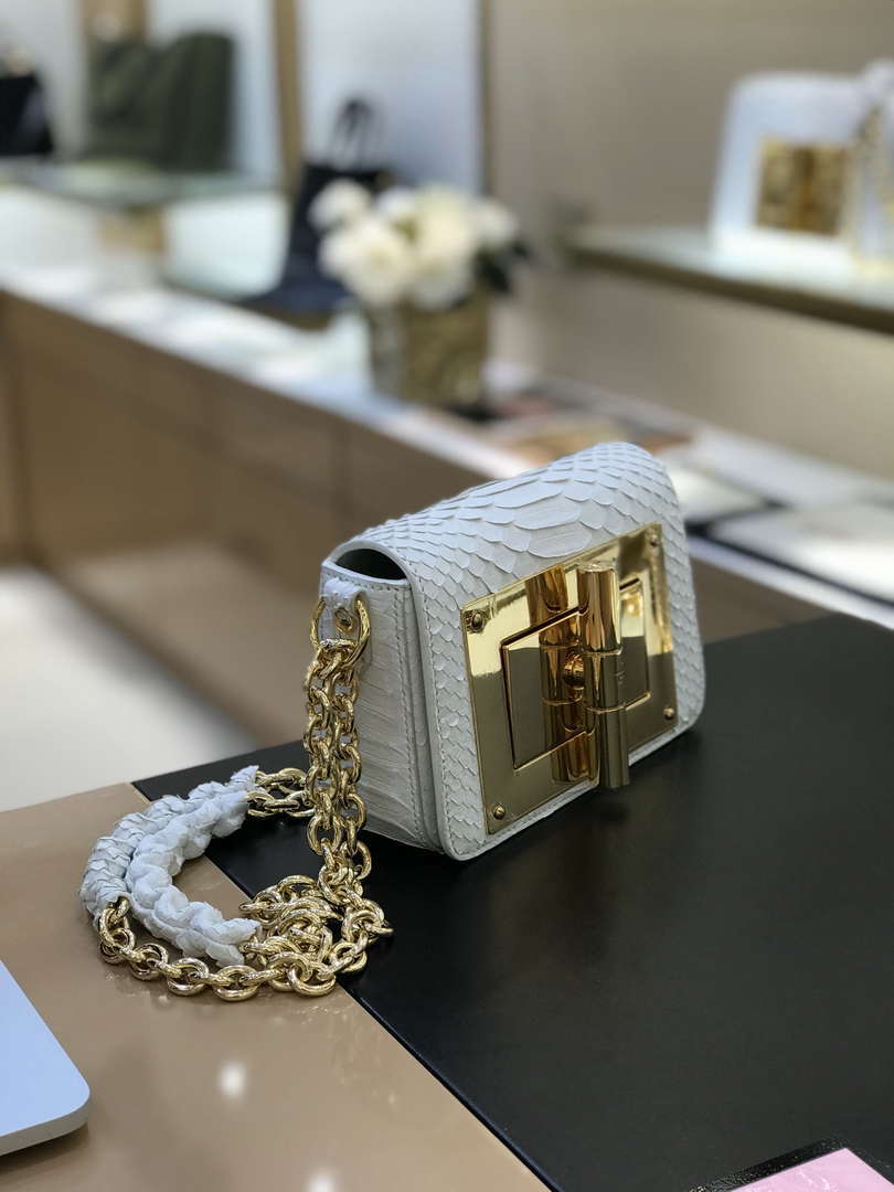 Tom Ford 25116800041 Metallic White Python Natalia Chain Shoulder Bag