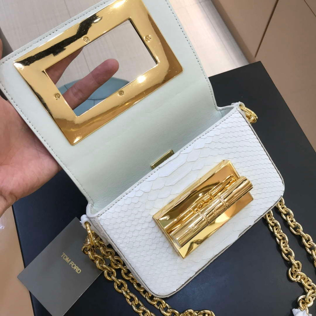 Tom Ford 25116800041 Metallic White Python Natalia Chain Shoulder Bag