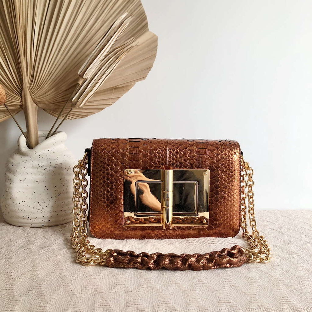 Tom Ford 29116800081 Metallic Copper Python Natalia Chain Shoulder Bag