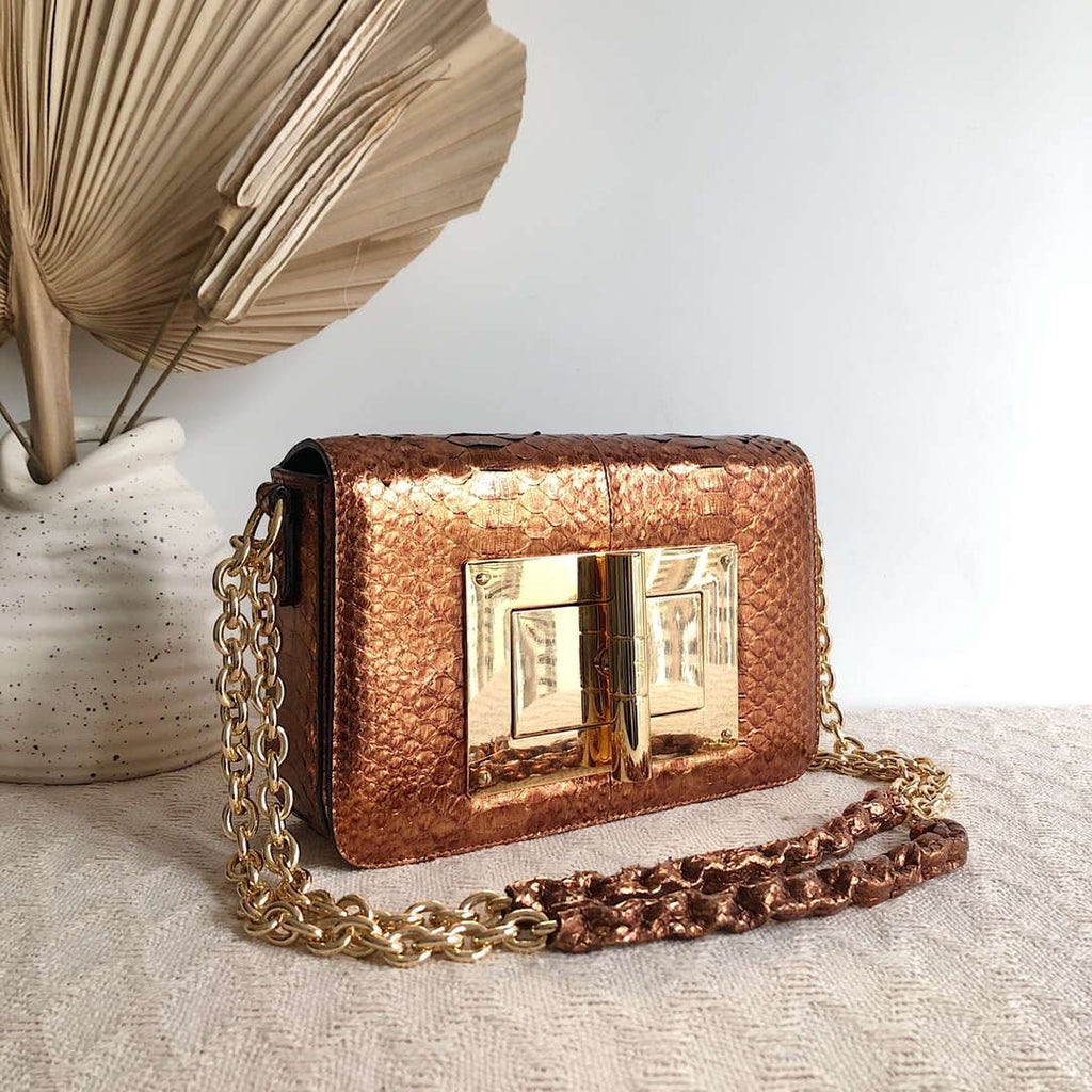 Tom Ford 29116800081 Metallic Copper Python Natalia Chain Shoulder Bag