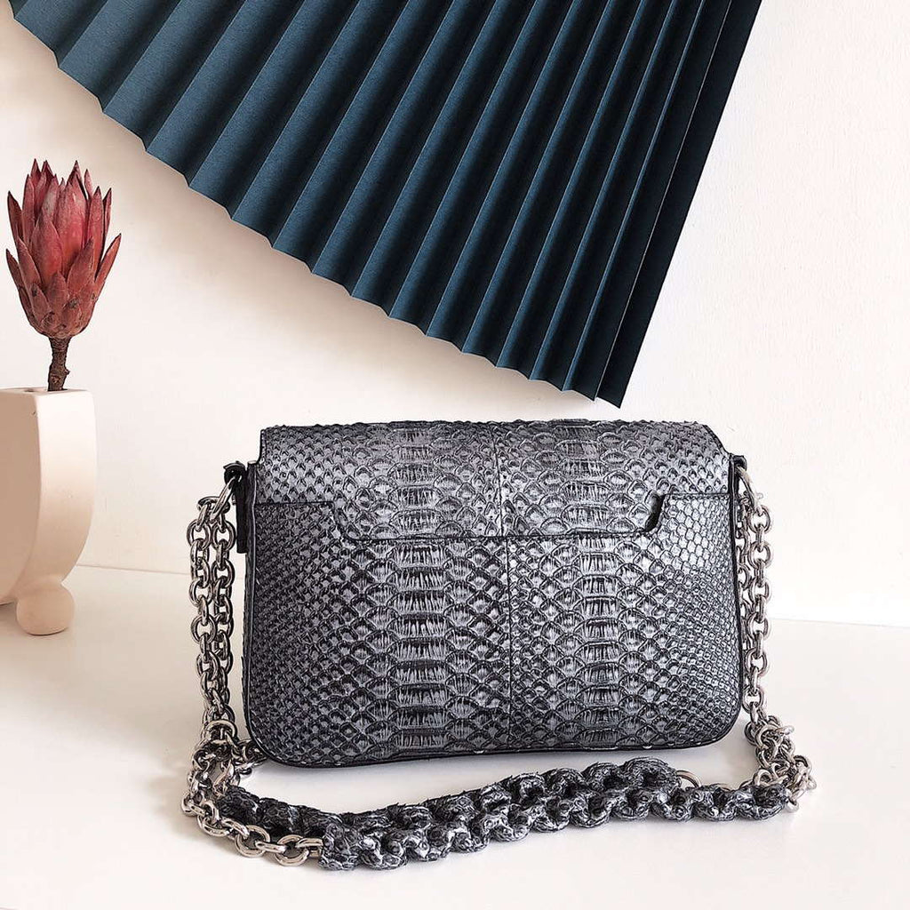Tom Ford 29116800081 Metallic Python Natalia Chain Shoulder Bag Gray Black