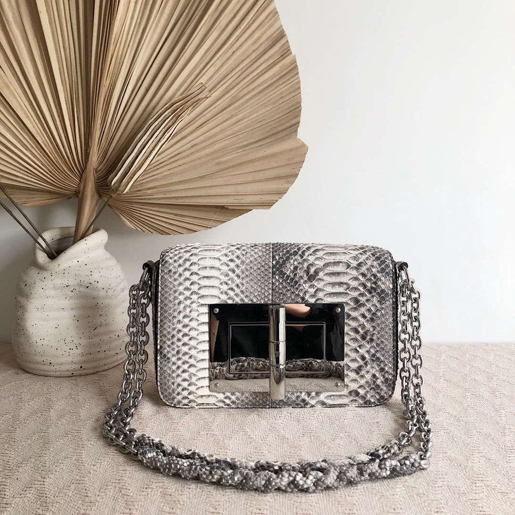 Tom Ford 29116800081 Metallic Silver Python Natalia Chain Shoulder Bag Gray