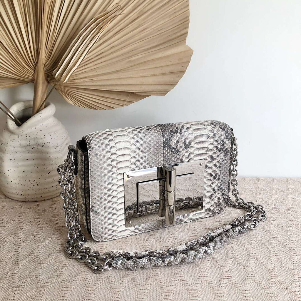 Tom Ford 29116800081 Metallic Silver Python Natalia Chain Shoulder Bag Gray