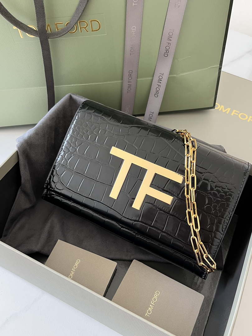 Tom Ford 5520743975 Shiny Stamped Crocodile Leather Evening Tf Disco Bag Black - Default Title - View 1