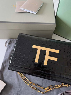 Tom Ford 5520743975 Shiny Stamped Crocodile Leather Evening Tf Disco Bag Black - Default Title - View 5