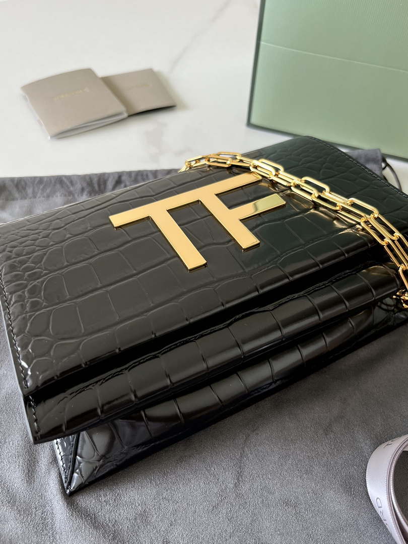 Tom Ford 5520743975 Shiny Stamped Crocodile Leather Evening Tf Disco Bag Black
